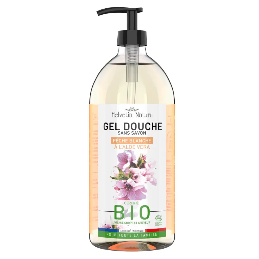 Helvetia Natura Gel Douche Pêche Blanche à Aloe Vera Bio 1L - Pharmacie Agnès Praden à Alès