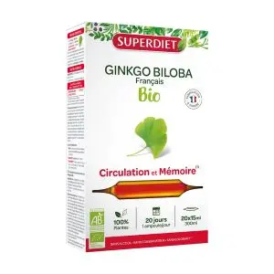 Superdiet Ginkgo Biloba Bio Circulation Et Mémoire 20 Ampoules - Pharmacie Agnès Praden à Alès