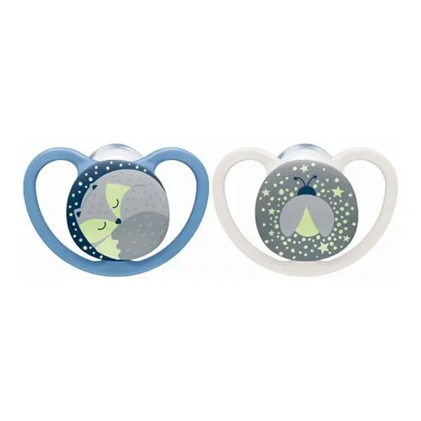 NUK Space Night 2 Sucettes Silicone 6-18 Mois - Bleu/Gris