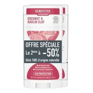 Schmidt's Sensitive Déodorant Stick Naturel Noix de Coco et Argile Kaolin Lot de 2