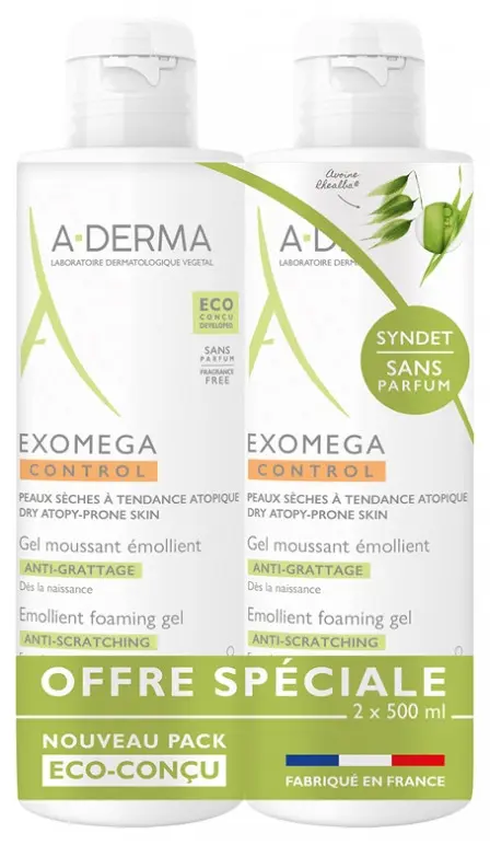 A-derma Exomega Control Gel moussant émollient 2x500ml