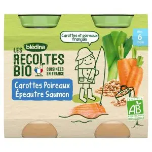 Blédina Les Récoltes BIO Petit Pot Carottes Poireaux Epeautre Saumon - 2 x 200 g