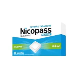 Pierre Fabre Nicopass 1,5 mg Sans Sucre Eucalyptus, 36 Pastilles 