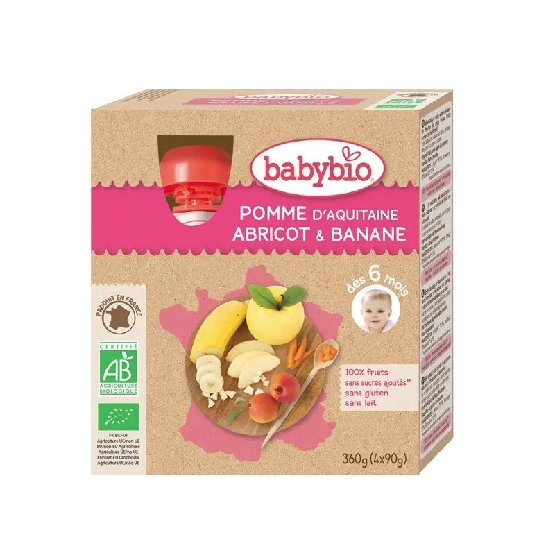 Babybio Gourdes Pomme, Abricot & Banane 90g x4 - Pharmacie Agnès Praden à Alès