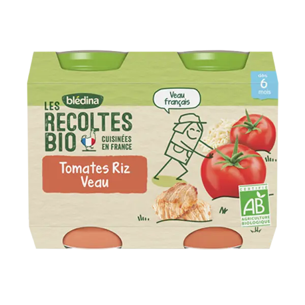 Blédina les récoltes bio pots tomates riz veau 2x200g