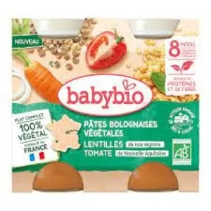 Babybio Pâtes Bolognaises Végétales Lentilles Tomate 8 Mois et + Bio 2 Pots de 200 g