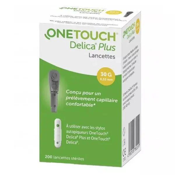 OneTouch Delica Plus Lancettes Fines Autocontrôle de la Glycémie 30G (0.32mm) - Boîte de 200 - 