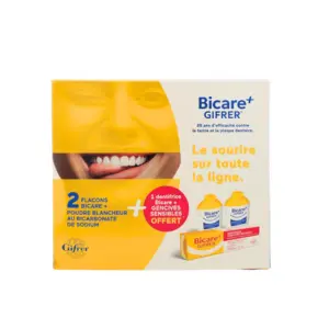 Gifrer Bicare Plus Poudre Bicarbonate Blancheur Lot de 2 + 1 Dentifrice Gencives Sensibles Offert